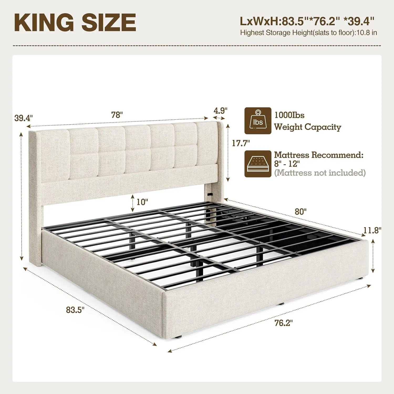 King Bed Frame with Hydraulic Gas Lift Up Storage, Linen Upholstered | Beige Platform Bed with Wingback Headboard,, Customized