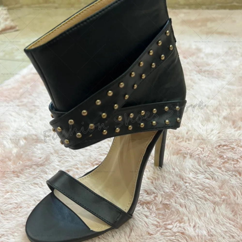 Black Round Rivets Round Toe Sandals Matte Leather Women Shoes Thin High Heels Party Banquet Dating 2025 Zapatos Para Mujere