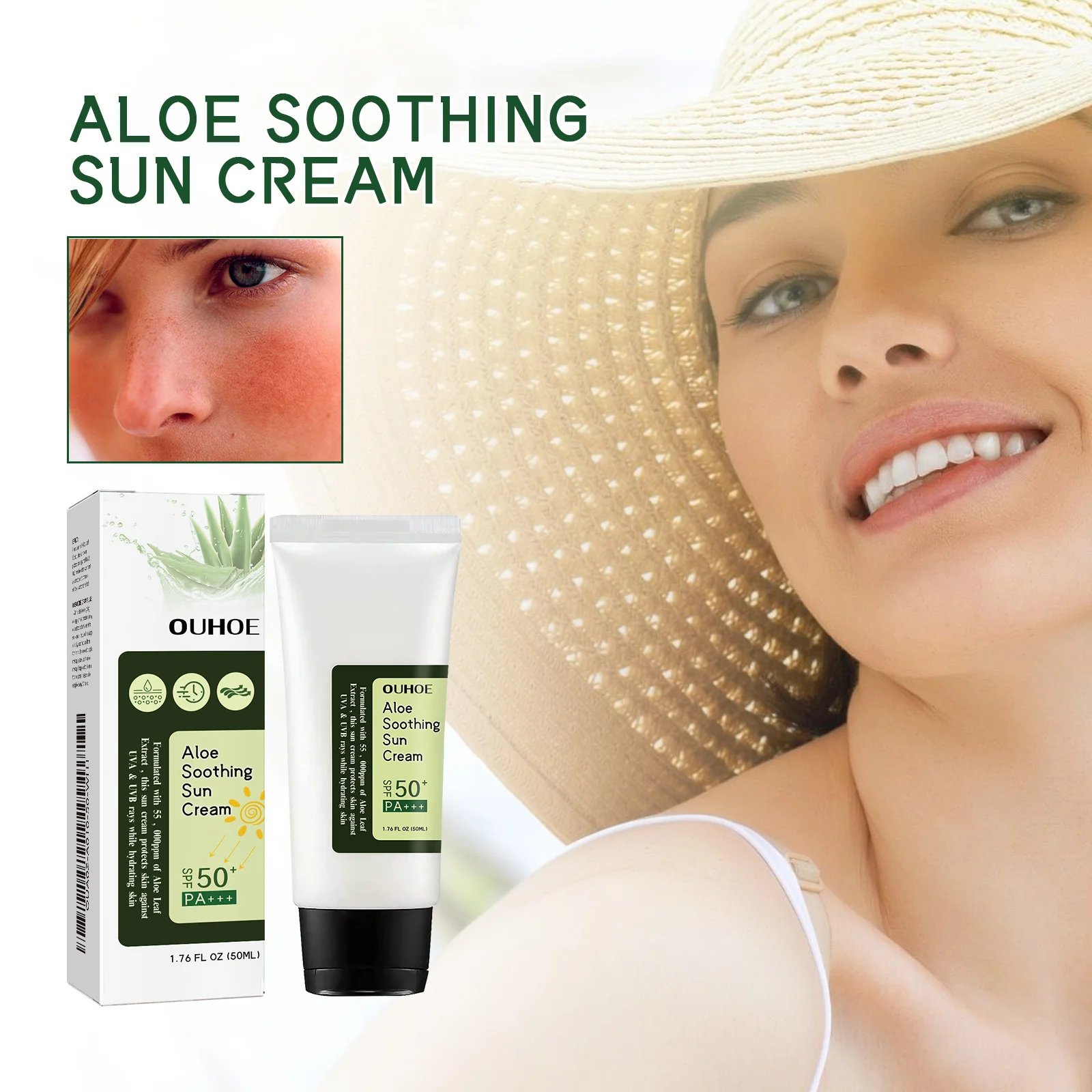 Crema Protectora de Aloe Vera, Hidratante, Refrescante, con FPS 50+, Aislante, Protector Solar Humectante para Rostro y Cuerpo, para Protección Solar Diaria