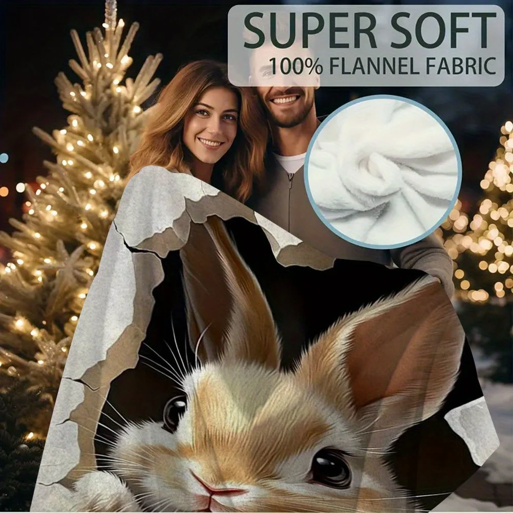 1pc Vintage Style Single-Sided Printed Blanket, 60x80inch, Cute Rabbit Peeking Out of a Hole in a White Suit, All-Season Fabric,