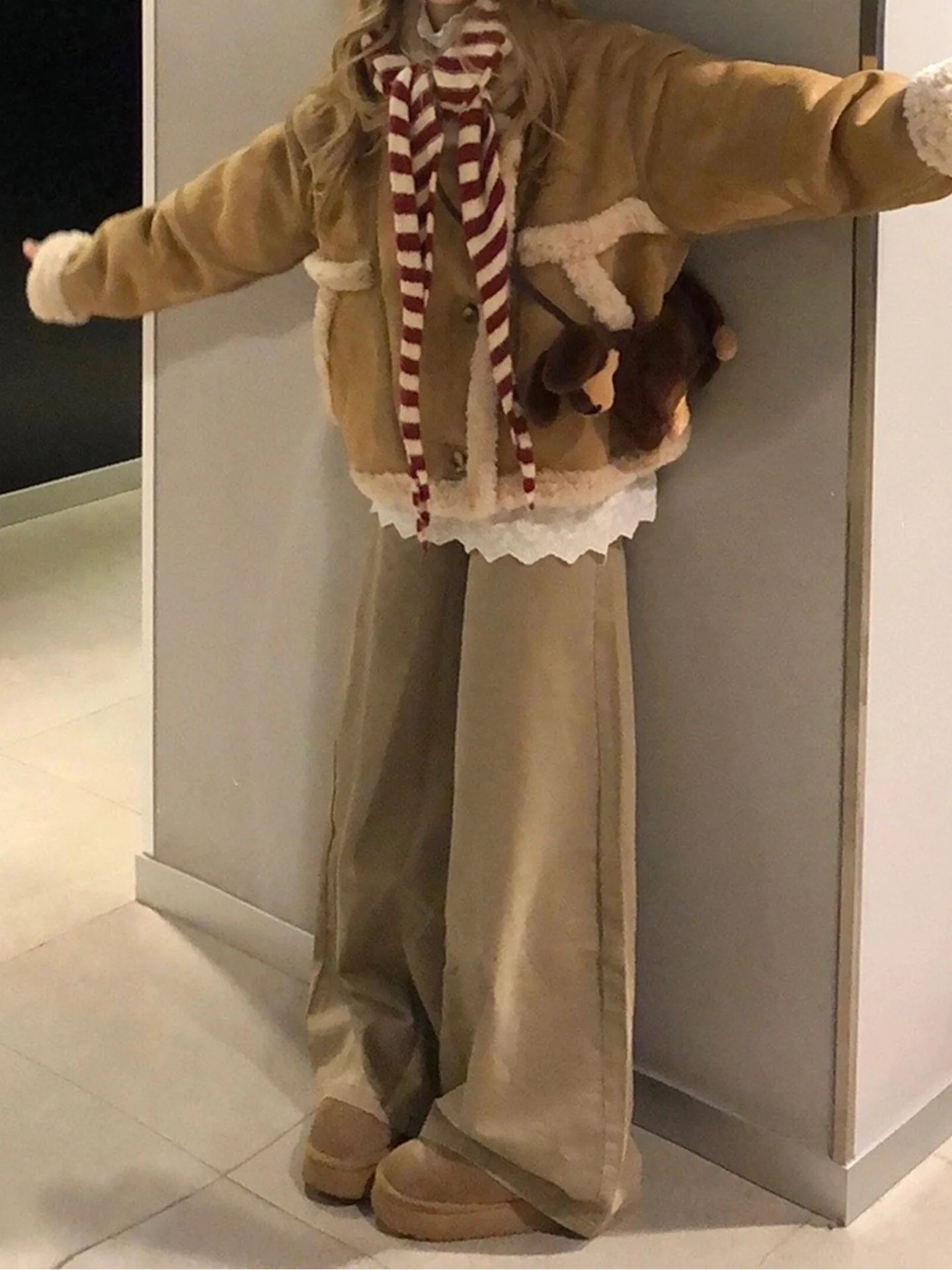 Khaki High Waist Fce Lined Floor Lengthing Women's Jeans Straight Leg American Sle Autumn Winter New Faion Street Long...