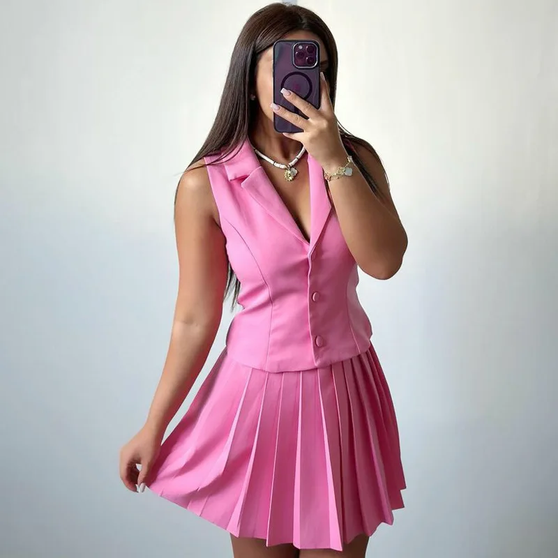 Women Two Piece Sets Skirt Set Sleeveless Turn Down Collar Vest Tops Short Pleated Skirts A Line High Waist Elegant Work 2026