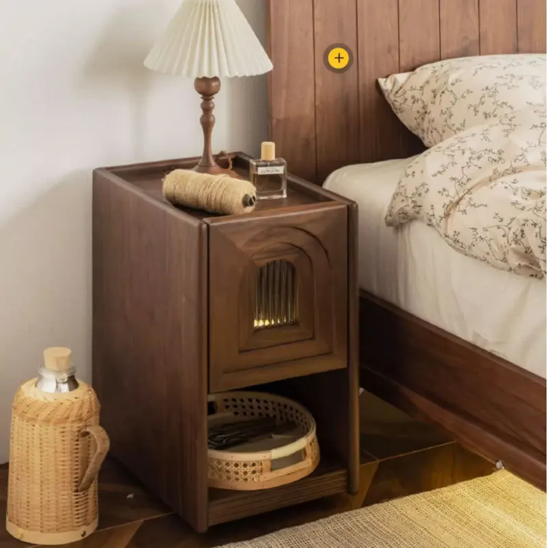 

Retro ultra-narrow bedside table bedroom small modern simple black walnut storage cabinet solid wood living room sofa side