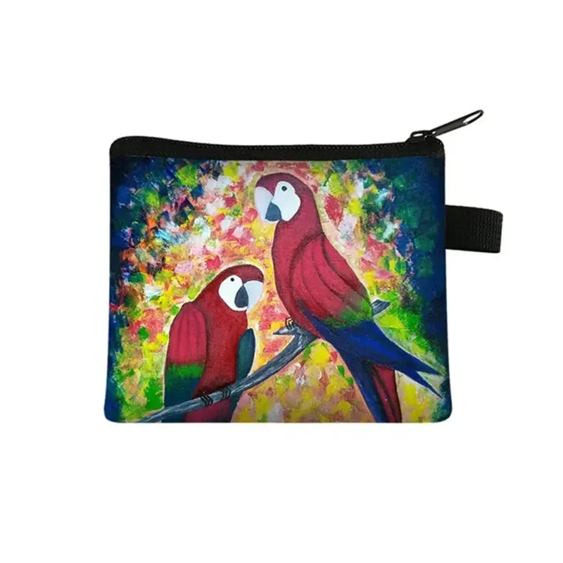 Cute Bird Parrot Print Coin Purse Kawaii Girls Wallet Key chain Credit Card Money Holder Bag Canvas Boys Purse Small Coin Bags