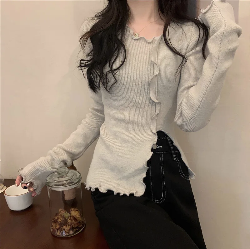 

Gentle, Sweet, Pure Desire, Black Fungus Edge Knitted Shirt, Spring Autumn Design Sense, Irregular Slimming And Slimming, Spicy