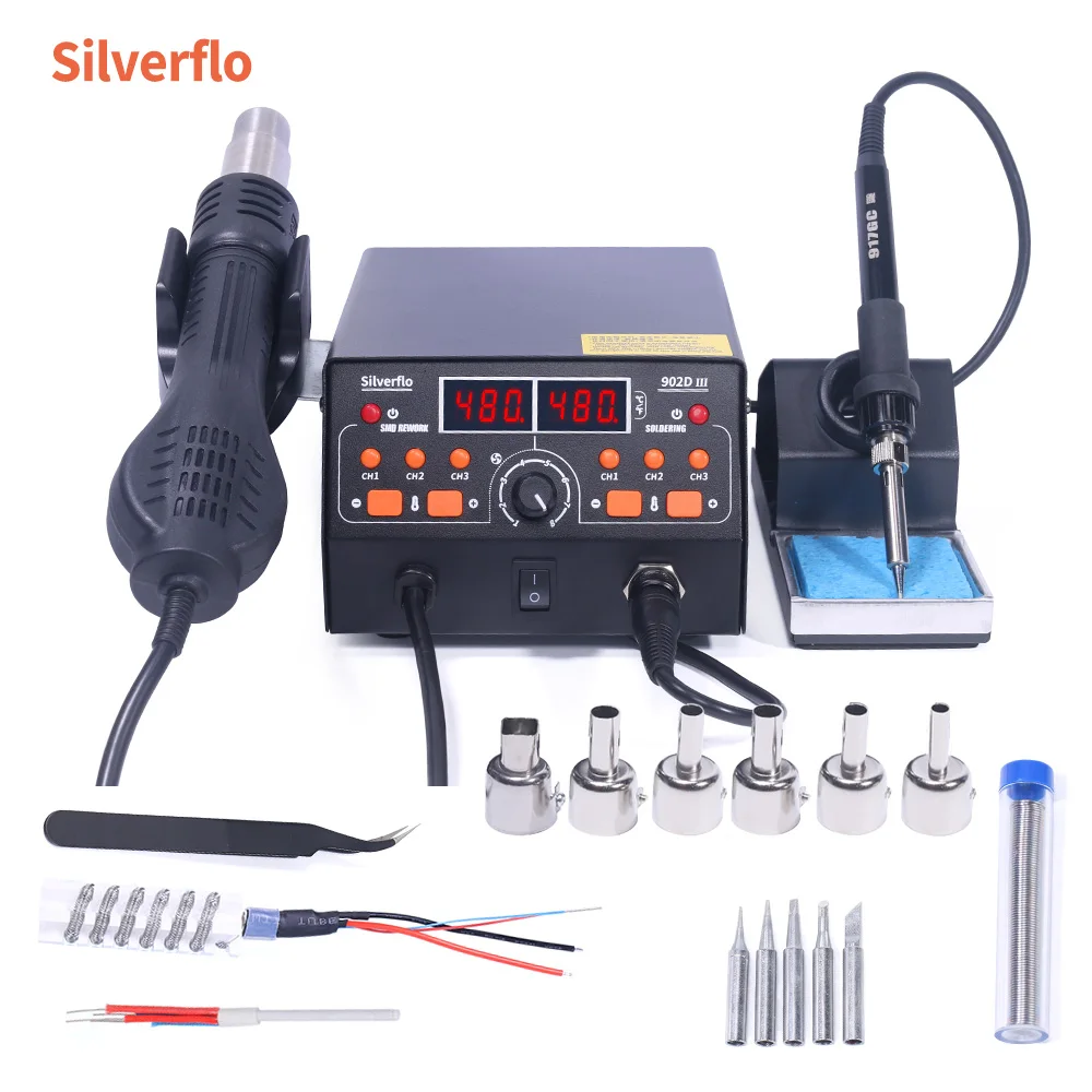 Silverflo 902D-III Soldering Station750W Hot Air Gun Welding Station with 3 Preset Channels,Sleep Mode, C/F Swith for SMD Rework