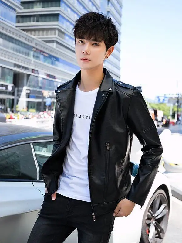 

Sli Casual Men's Biker Leather Jaet PU Spring Autumn New Faion Versatile Simple Match All Weather Long Sve Zipper ...