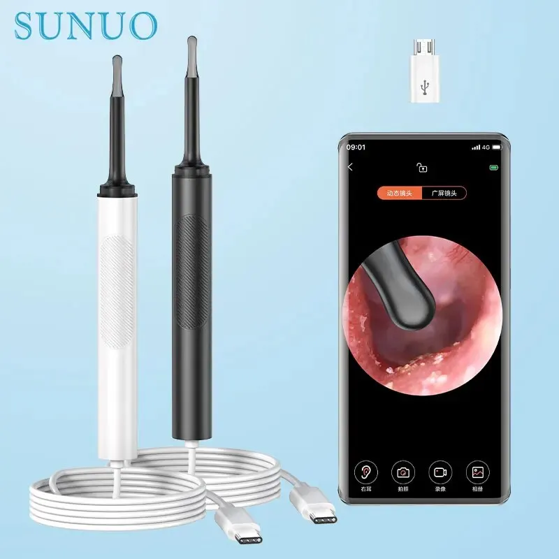 Wired Ear Wax Cleaner with Camera 3.5mm Ear Otoscope 500W Pixel Earwax Remover with Ear Spoon Support Android Type-C Phones