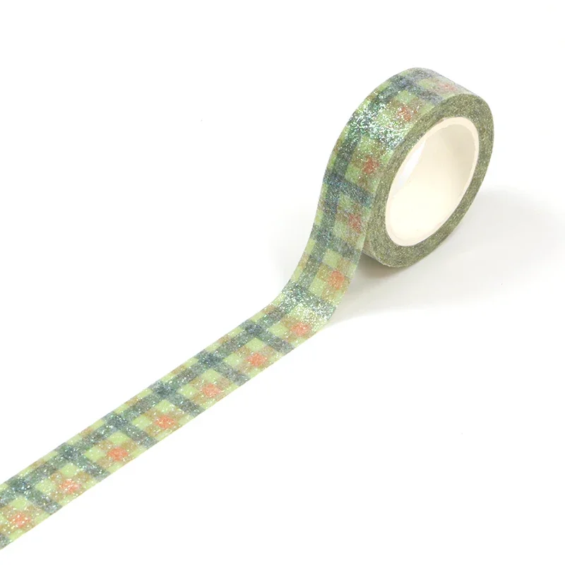 

1X 10M Decor Cute Green Orange Plaid Glitter Washi Tape for Scrapbooking Journaling Adhesive Masking Tape Stationery Supplies