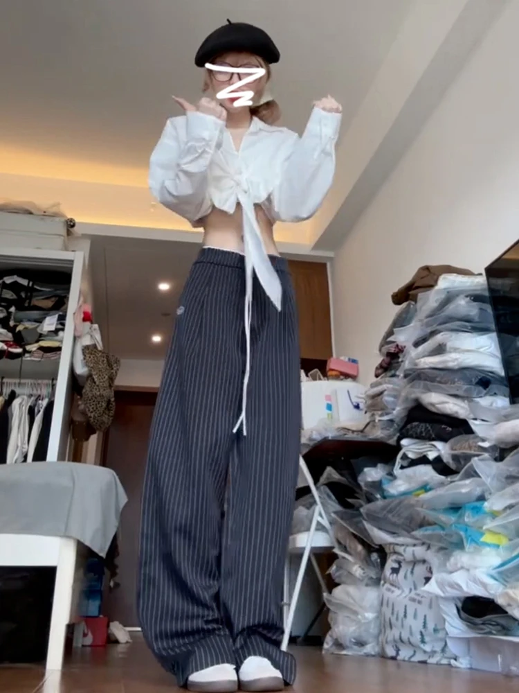 여성용 블루 스트라이프 루즈 캐주얼 와이드 레그 수트 팬츠 가을 신상 슬레 BF 레이지 슬레 롱 트라우저 하이웨이스트 롱 팬츠