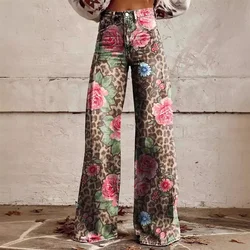 Pantalones vaqueros con estampado de leopardo en 3d para mujer, pantalones vaqueros de talle alto para mujer, pantalones acampanados, pantalones vaqueros de pierna ancha holgados de calle, pantalones vaqueros de moda Y2k