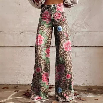 Leopard Print 3d Print Ladies Jeans High Waisted Women Jeans Flare Pant High Street Loose Wide Leg Denim Pants Fashion Y2k Jeans