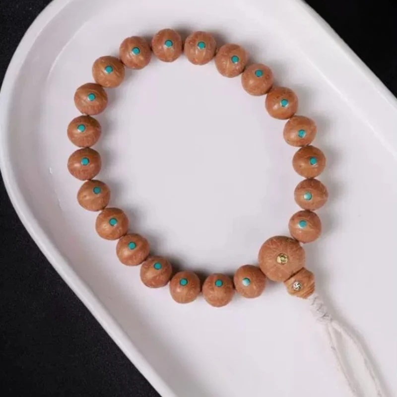 Chinese Style 12mm Natural Nepalese Phoenix Eye Bodhi Seed Inlaid Copper Turquoise Single Strand Bracelet Lucky Blessing Wealth
