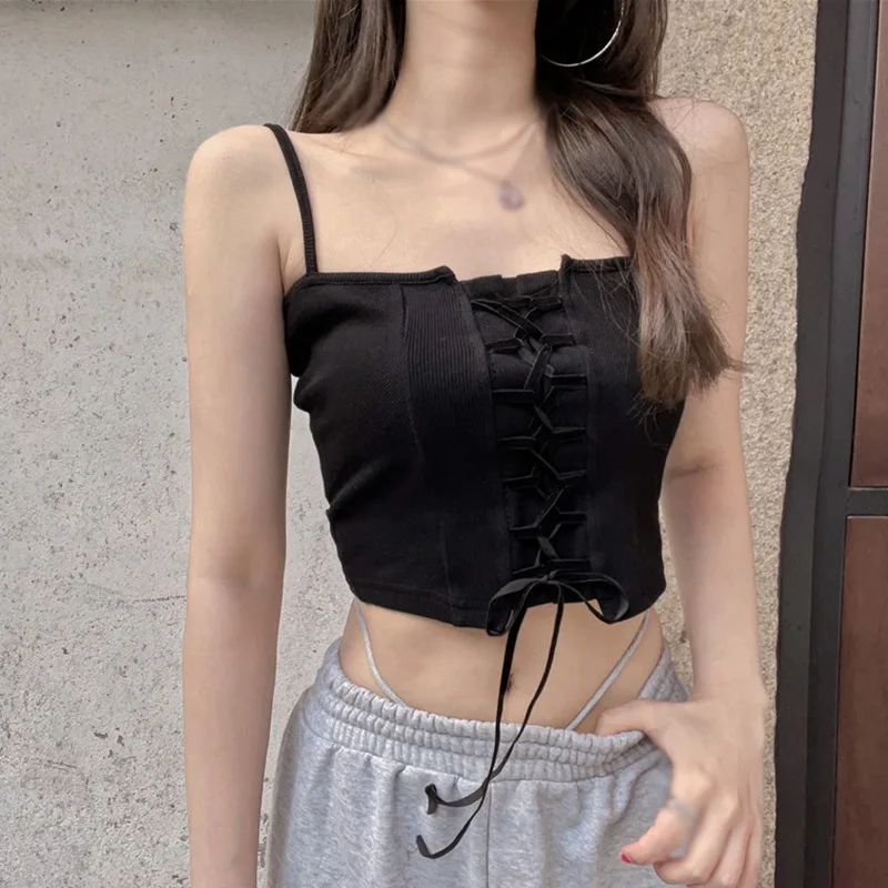 Summer Women Knitted Rib Cami Top Lace-Up Front Solid Drawstring Eyelet Sleeveless Camis Spaghetti Rib Crop Top Sexy