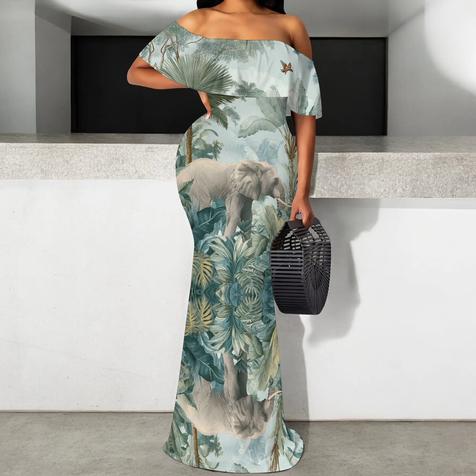 

Safari Elephant Print Women's Off Shoulder Bodycon Mermaid Dress Elegant Jungle Gown for Party S-3XL
