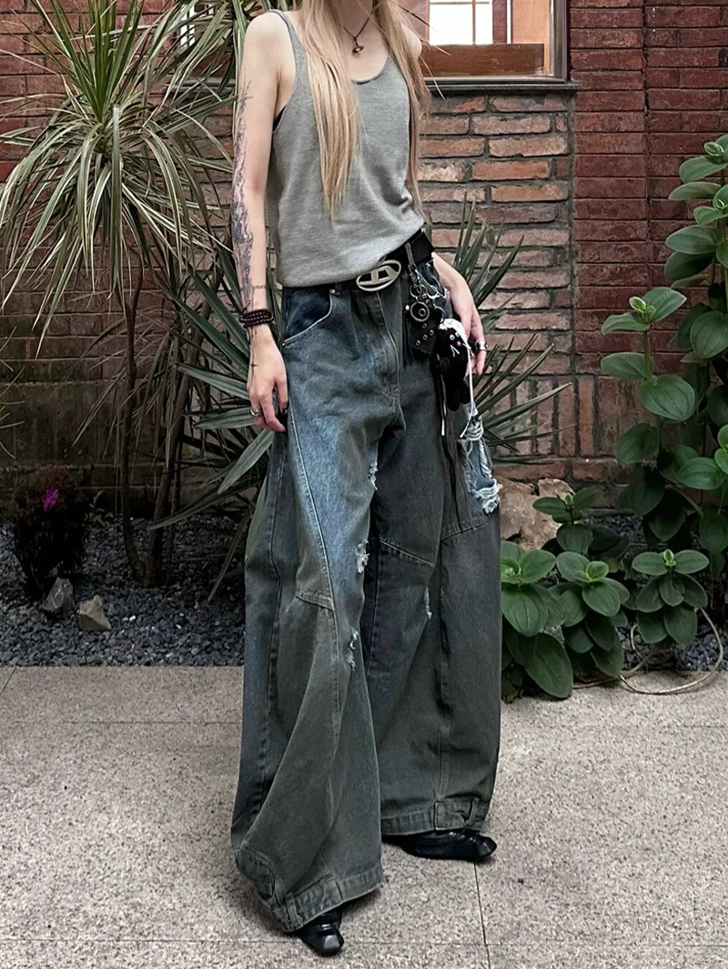 

High Waist Ripped Women's Blue Jeans Hip-hop Style Fashion Vintage Streetwear Y2K Wide Leg Jean 2000s Trouser Baggy Denim Pants