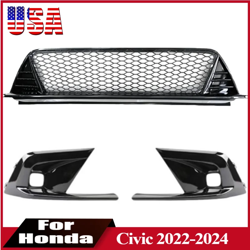 

Bumper Lower Grille For Honda Civic 2022 2023 2024 Front Bumper Lower Grille + Fog Lamp Bezel Cover Trim Auto Accessories