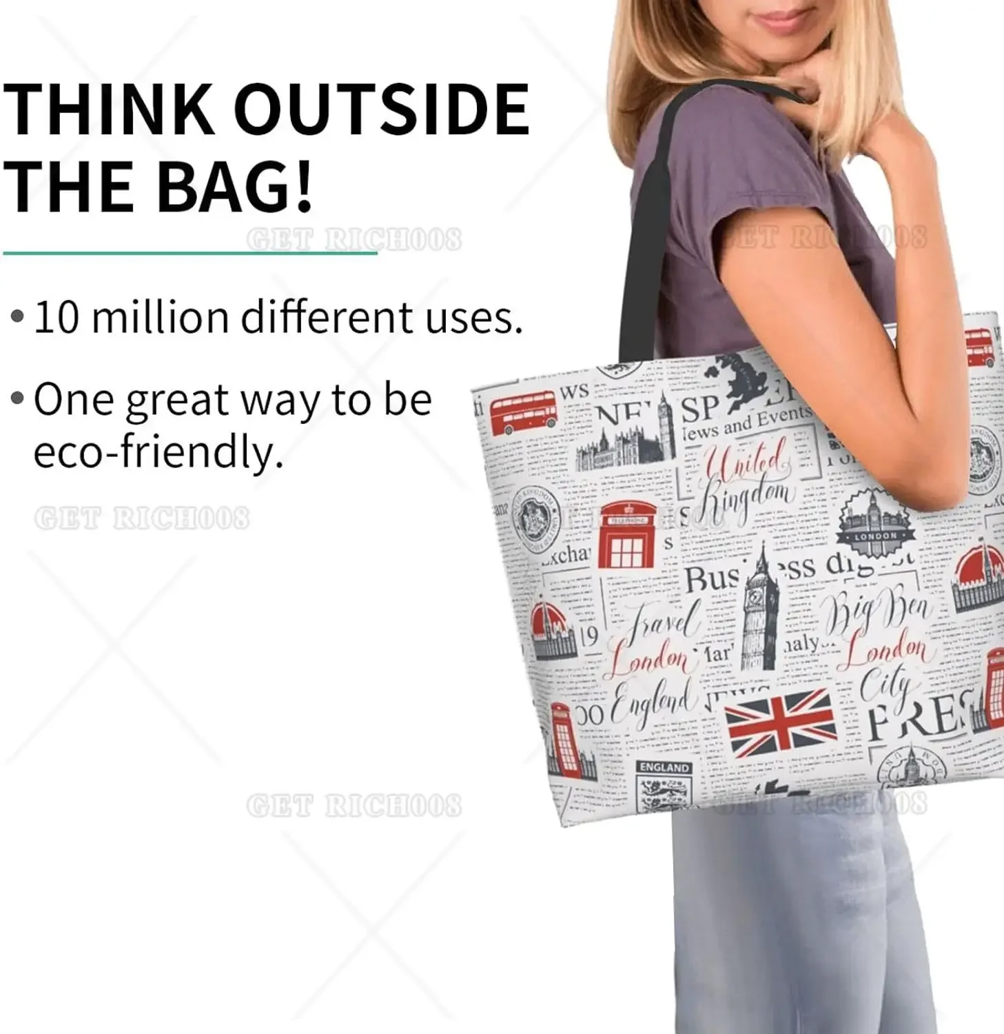 UK London Newspaper Design Tote Bag Large Women Casual Shoulder Bag Reusable Multipurpose Shopping Grocery Bag Eco Bag