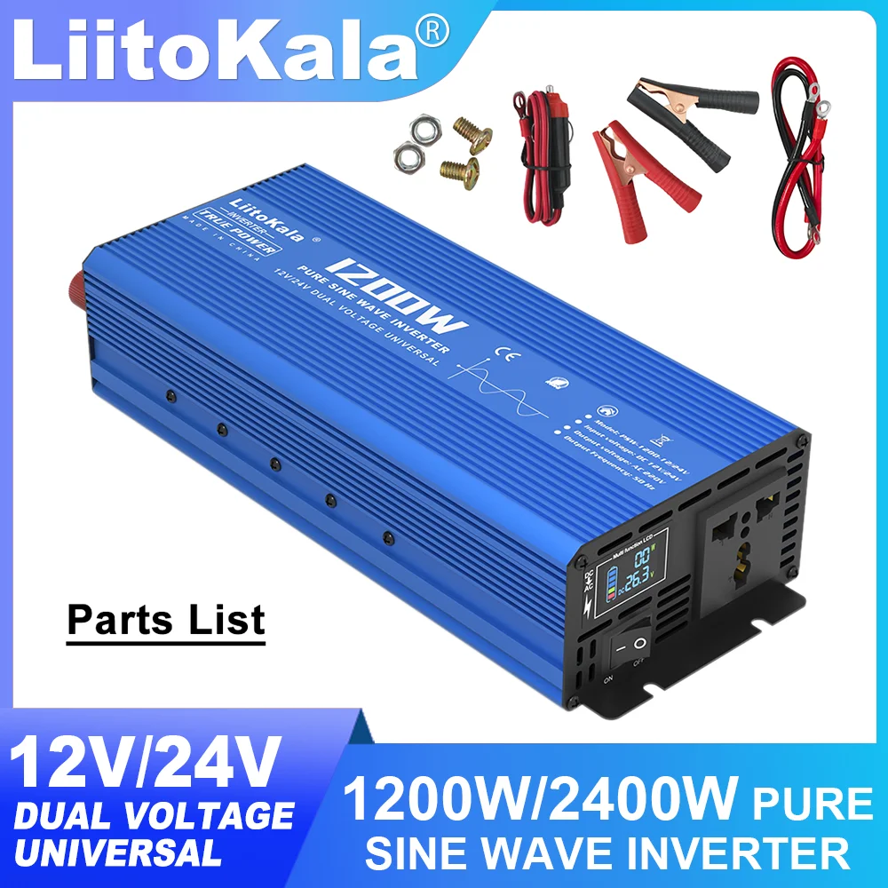 

LiitoKala Intelligent Inverter Pure Sine Wave 1200W/2400W DC 12V/24V to AC 220V Voltage 50Hz Multiple Protection Metal Shell