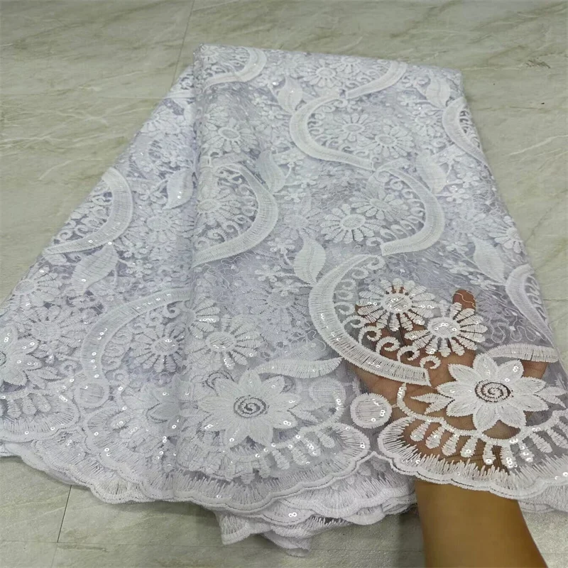 Yellow  Latest White African Sequin Lace Fabric Embroidery French Mesh Lace Fabric With Sequins Nigerian Tulle Lace For Party