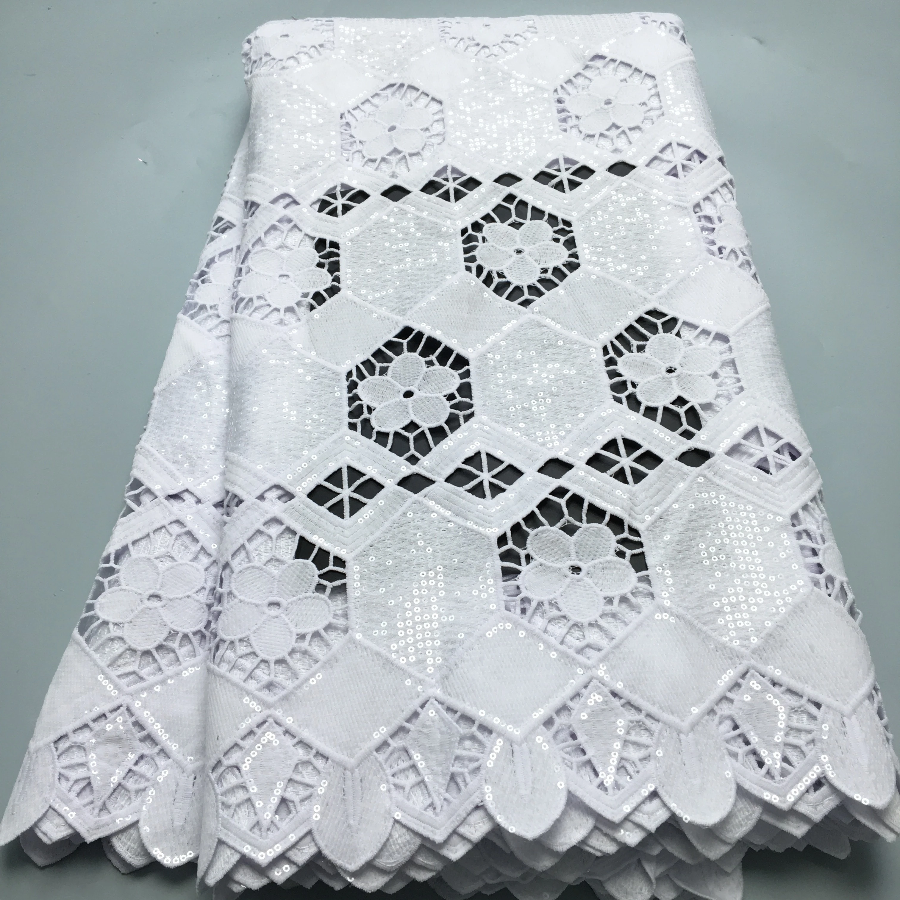 African Sequined Lace Fabric White Cord Guipure Lace Fabric 2024 High Quality 5 Yard Water Soluble Wedding Dress for Women A3903