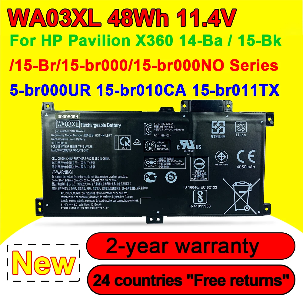 

WA03XL Laptop Battery For HP Pavilion X360 15-BR040NZ BR013NG BR012NO BR001TX 15-BK/14-BA 3ICP6/61/80 11.4V 4212mAh In Stock