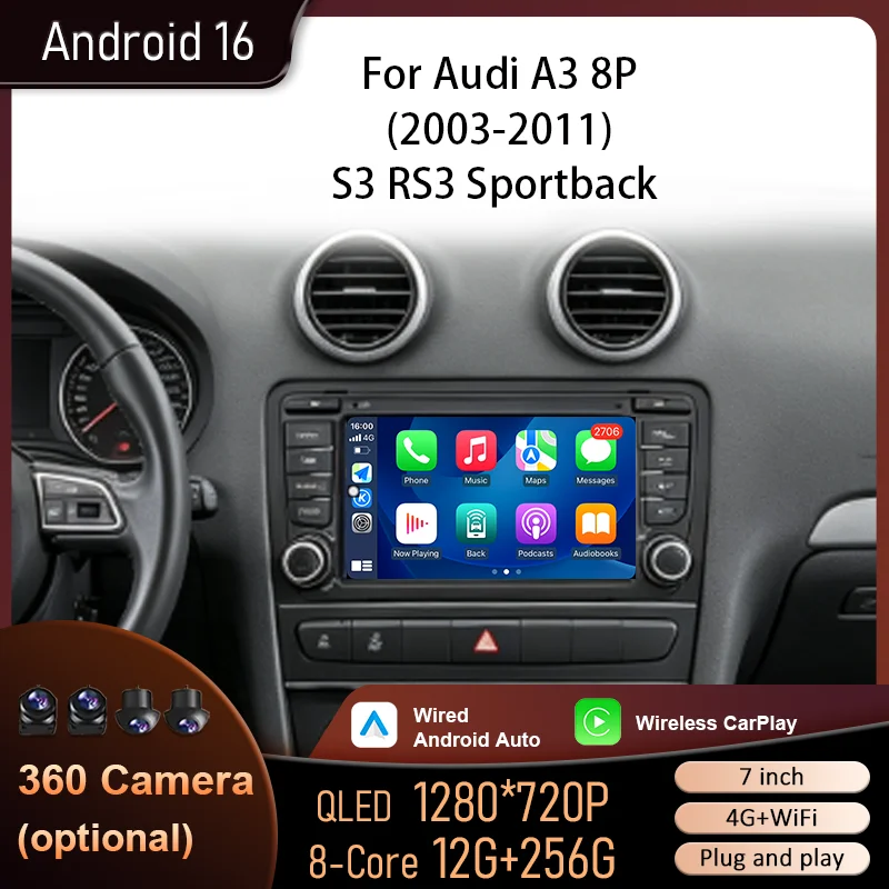 Android 16 For Audi A3 8P 2003-2011 S3 RS3 Sportback Multimedia Carplay Car Player Navigation Screen Bluetooth GPS WIFI Radio