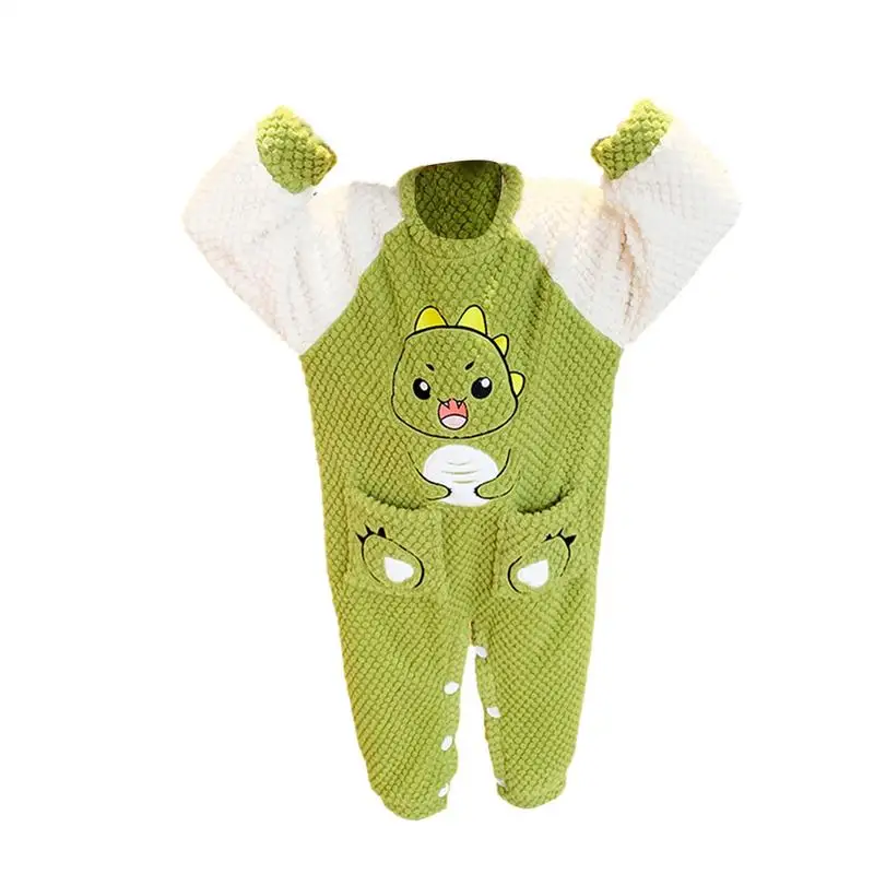 Children Onesie Pajamas Warm Sleepwear With Dinosaur Pattern And 2 Small Pockets Velvet Pajamas Home Clothes For Autumn And