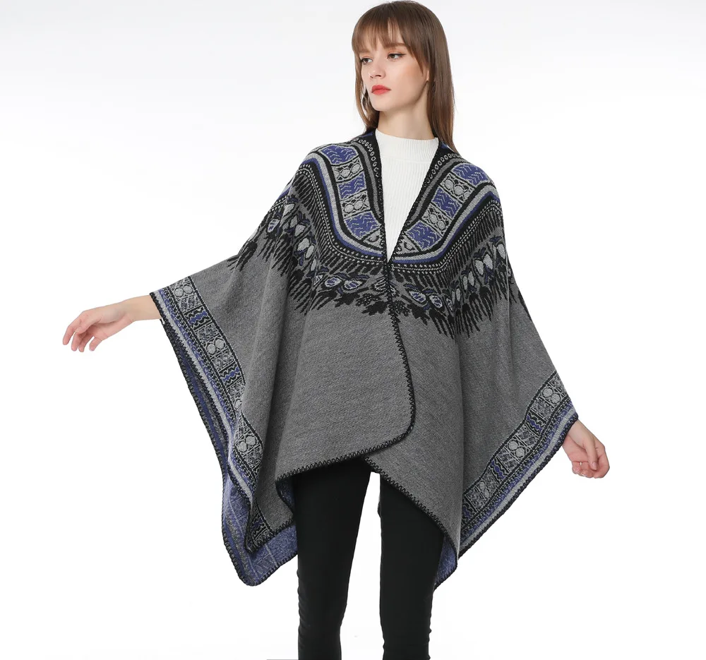 

Spring Autumn Tourism Photography Cashmere Totem Print Shawl National Style Poncho Lady Capes Gray Cloaks