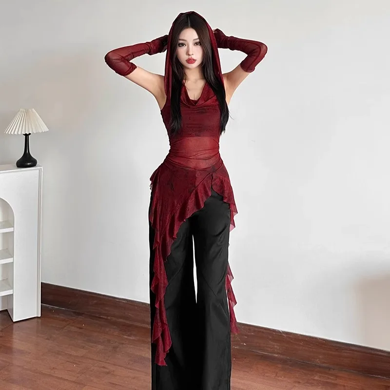 Red Mesh See Through Top Streetwear Hooded T-shirt Irregular Ruffle Oversleeve Tops for Women Sexy Y2k Clothing