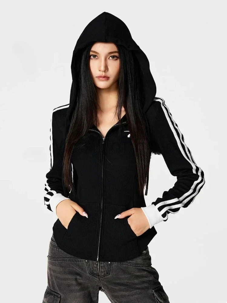 Striped Thin Hoodie Women Black Patchwork Tops Korean Fashion Autumn Coats Long Sleeve Zipper Jacket Female Design Chic Solid