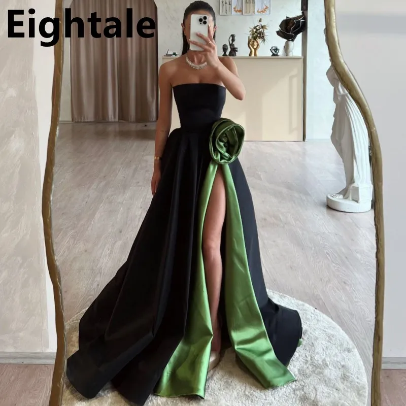 

Contrast Color A Line Satin Evening Dresses For Wedding Party 2025 Strapless Prom Dress Sexy Slit Party Gown Robe Soirée Femme