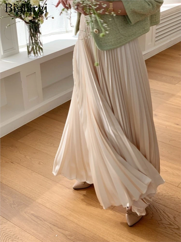 

Summer Satin Skirt Women A-Line Loose Ruffle Pleated Korean Style Ladies Skirts Elastic High Waist Fashion Woman Long Skirt