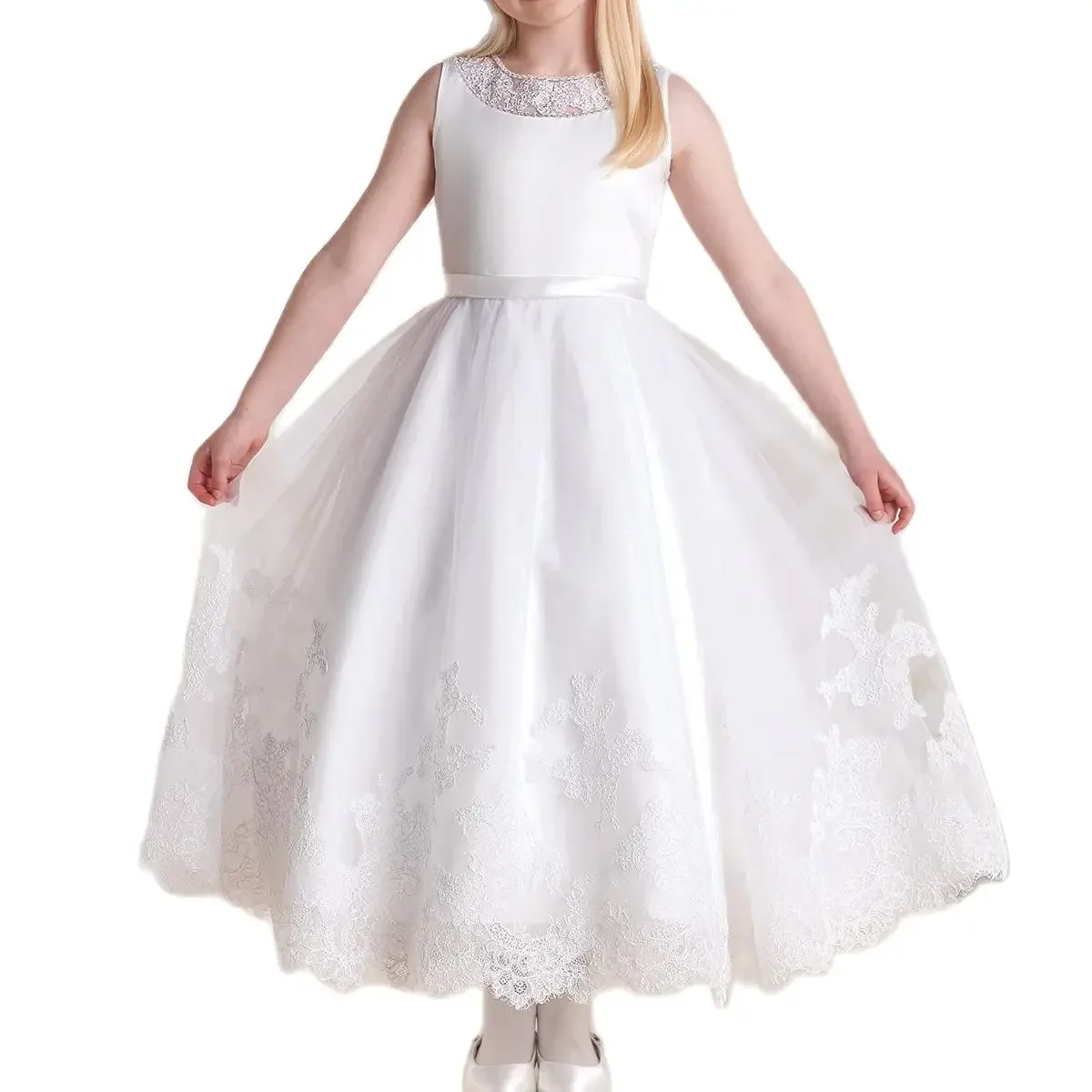 Stunning A Line First Communition Dress Ankle Length White Organza Appliques Flower for Girls for Wedding Party Aged 2-14 Years