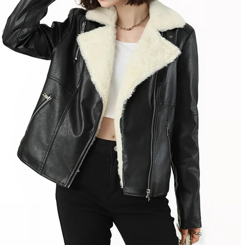 

Women 2025 Fur Lined PU Leather Jacket Winter Thickened Zipper Design Trendy Warm Coat Fashion New
