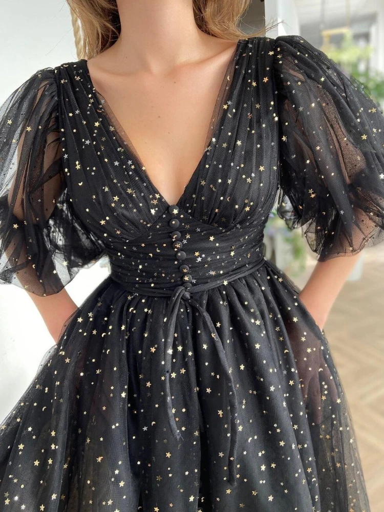 Customized Euramerican Classic Deep V Neck Puff Sleeve Party Dress Exquisite Star Sequin Appliques Formal Robe Slim Waist Mid-le