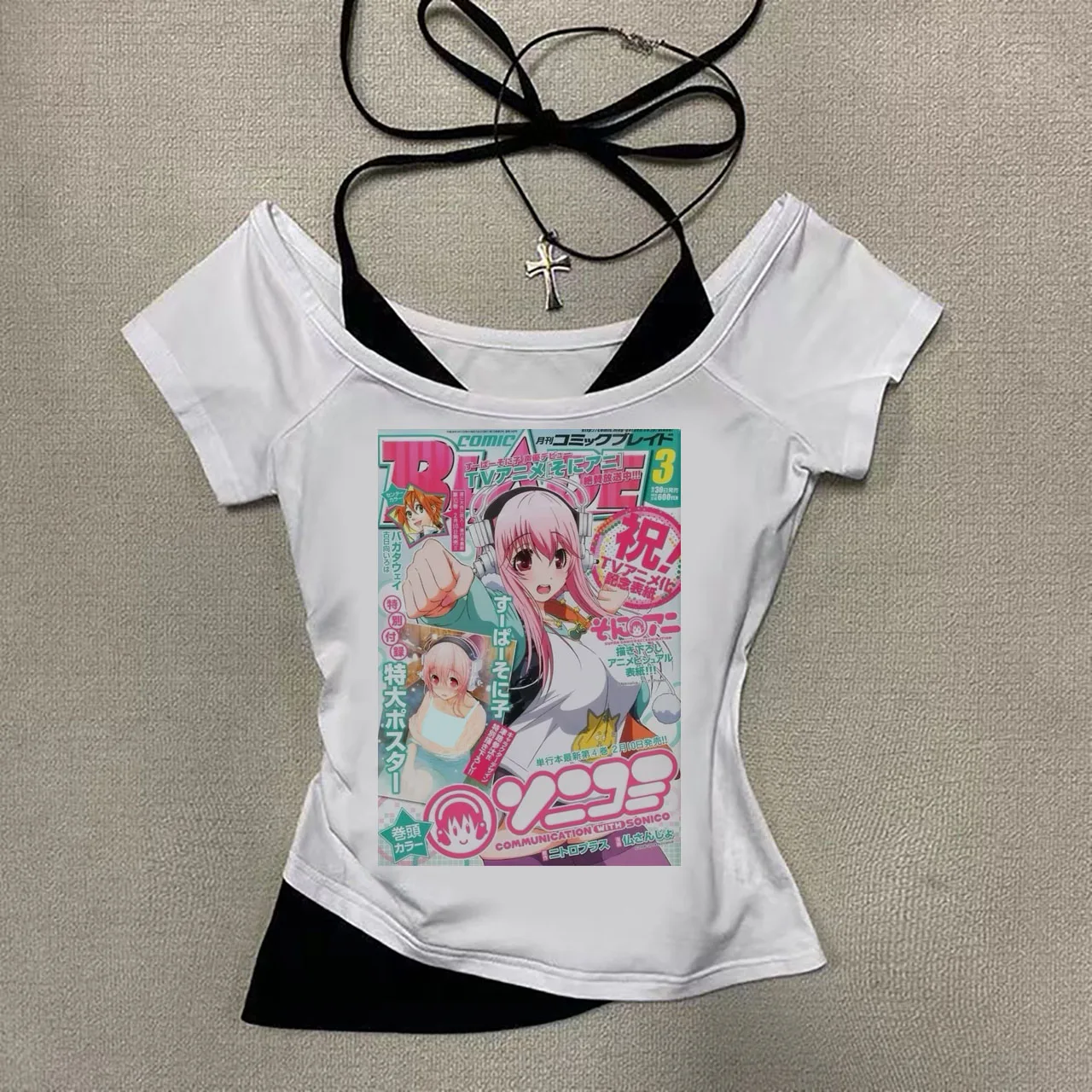 Women Super Sonico Anime PrintY2K Harajuku Streetwear Slim Fit Short Sleeve Tops Aesthetic Manga Graphic Tees