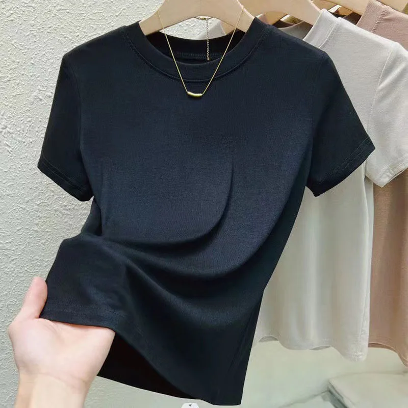 2024 Women\'s Clothing Summer New Short Sleeve Tops T-shirt Crew Neck Classic Solid Fit Versatile Slim facial mask T Top T-Shirts