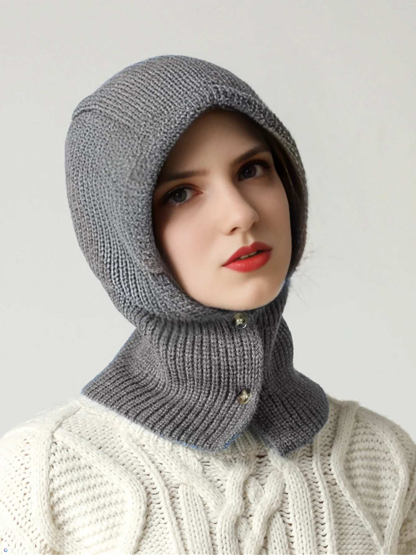 Women Knitted Wool Balaclava Hat Autumn Winter Soft Warm Wollen Scarf Beanies Button Adjustable Fashion Skullies Cap Girl