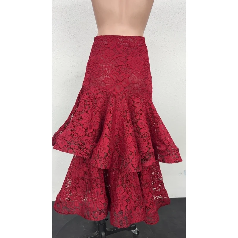 Kostium do tańca nowoczesnego dwuwarstwowa czerwona koronkowa spódnica standardowy strój do tańca towarzyskiego dla kobiet AMY2041