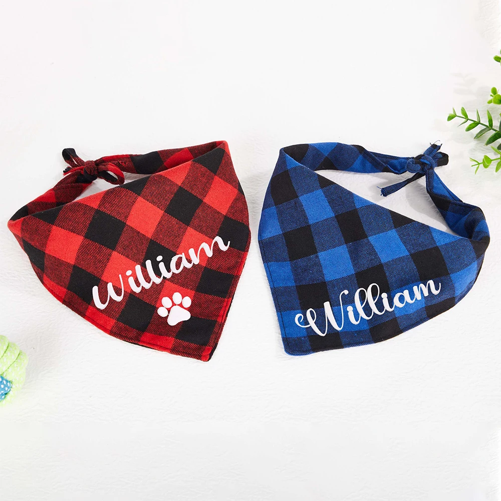 Personalized Premium Checked Name ID Dog Bandana Custom Name Dog Scarf Pet Accessories Neckerchief Scarf Towel