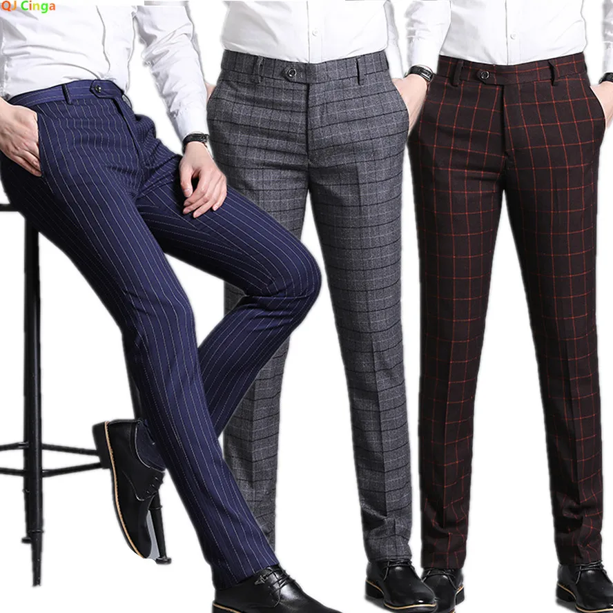 2026 Men's Blue Vertical Striped Suit Pants, Black Business Casual Trousers, Asian Sizes 28-40, Burgundy and Gray Plaid Pant.
