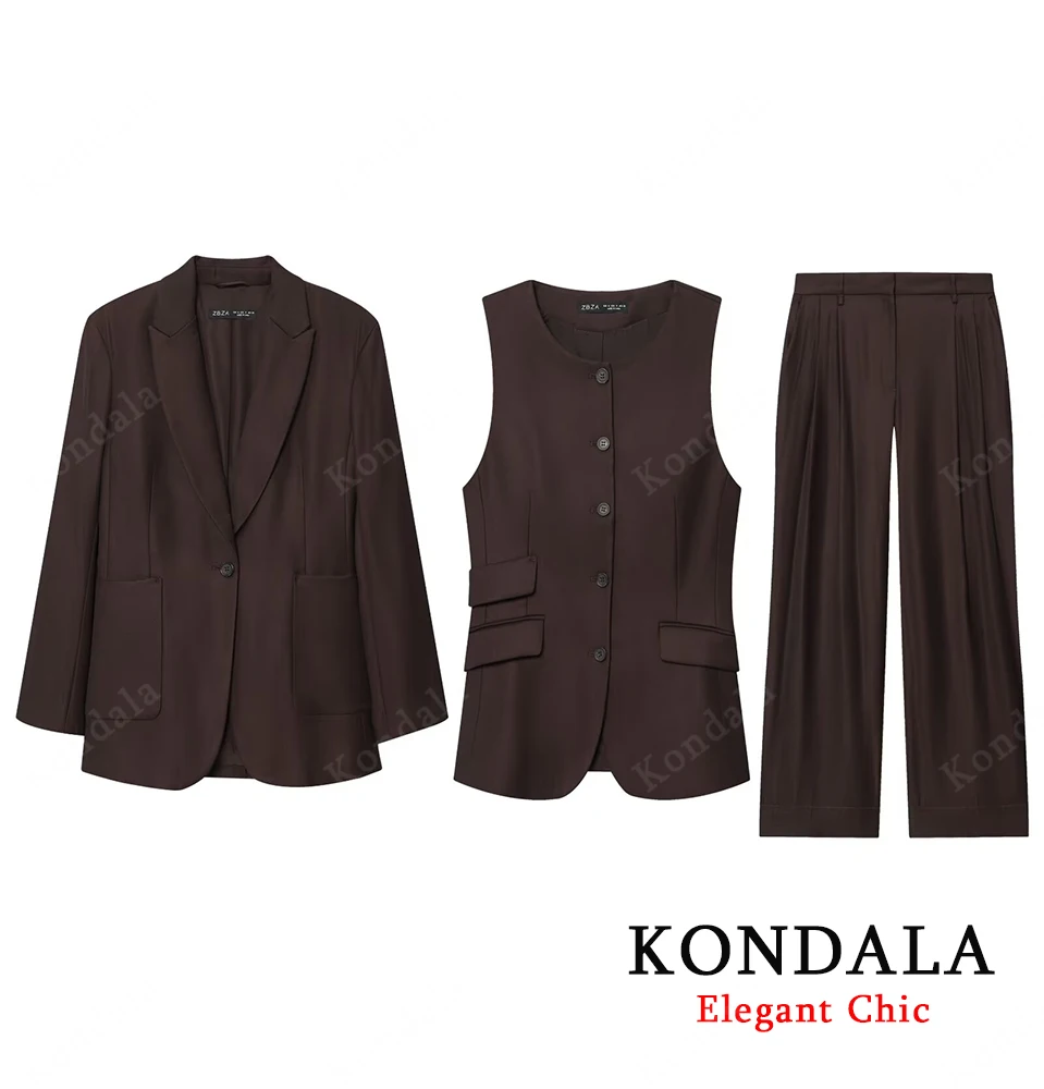 

KONDALA осенний женский элегантный костюм из 3 предметов, жилет на пуговицах, блейзер на талии, длинные брюки 2022, весенне-осенний комплект женских брюк для ужина