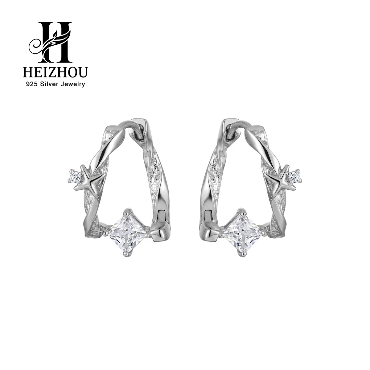 Original Irregular Twisted S925 Sterling Silver Square Zirconia Ear Hoops for Womens Minimalist Infinity Earring Jewelry