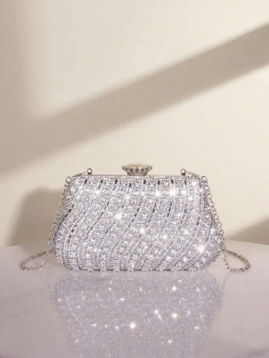 

Diagonal Ruched Rhinestone Sequins Clutch Bag For Women Evening Wedding Party