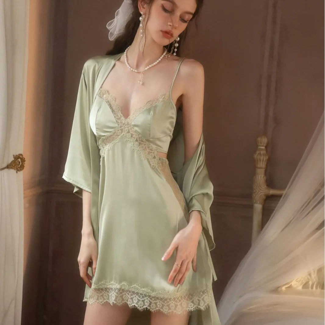 

Women's Lace Patchwork 2Pcs Robe Set Sexy Night Dress Satin Nightdress Summer New Kimono Bathrobe Sleepwear Satin Nightwear