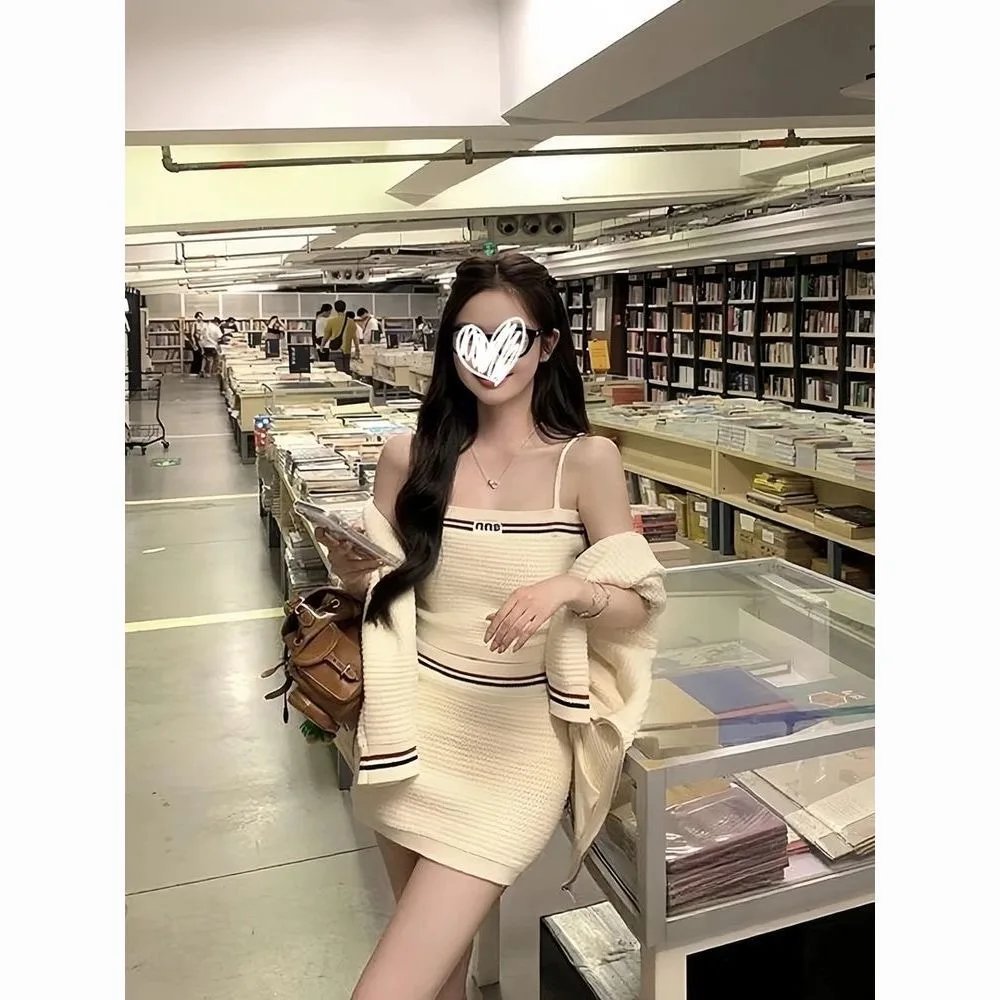 

Knitted Cardigan Set Dr Early Autumn New Color Colion Set Knitted Cardigan Strap f-length Skirt Tee-piece Set