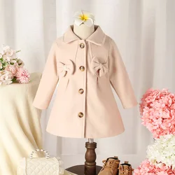 (0-3 Years Old) Winter New Girls' Blouse Button Coat Coat Solid Color Simple Fashion Lapel Long Solid Color Bow