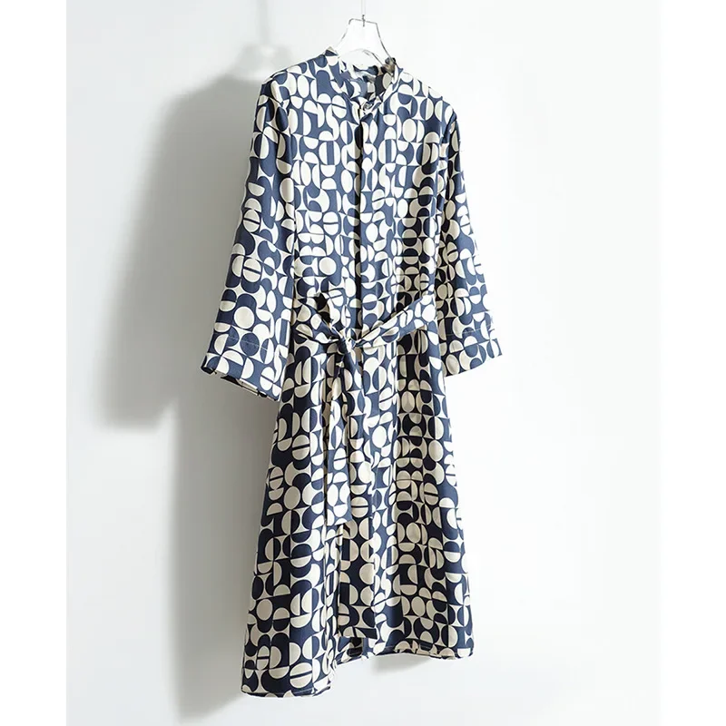 2024 Geometric Print High-fashion Sense 100% Mulberry Silk Dress Silk Temperament Dress Women's Summer Navy Blue Silk Dress