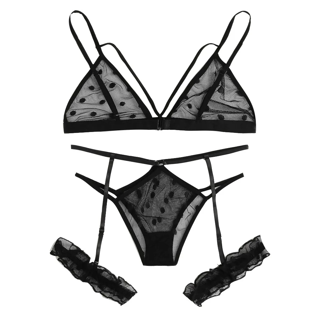 Perspective Lace Mesh Sexy Bra Set Women Dot Print Sexy Lingerie Underwear Set Black Sexy Exotic Sleepwear Sexy Lingerine Outfit